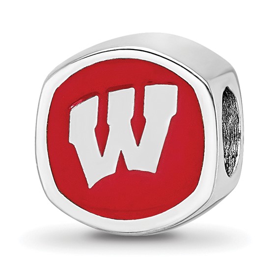 Sterling Silver Rhodium-plated LogoArt University of Wisconsin Enameled Double Logo Bead