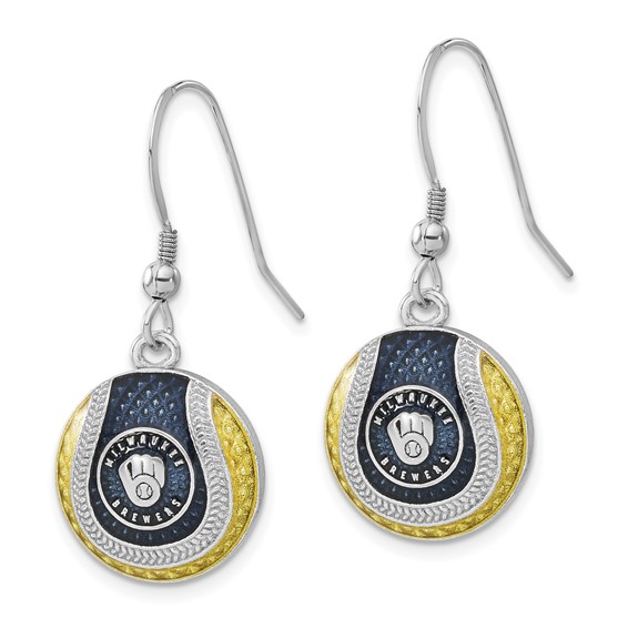 Sterling Silver Rhodium Plated Major League Baseball LogoArt Milwaukee Brewers Enamel Earrings