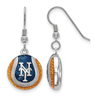 Sterling Silver Rhodium Plated Major League Baseball LogoArt New York Mets N-Y Enamel Earrings