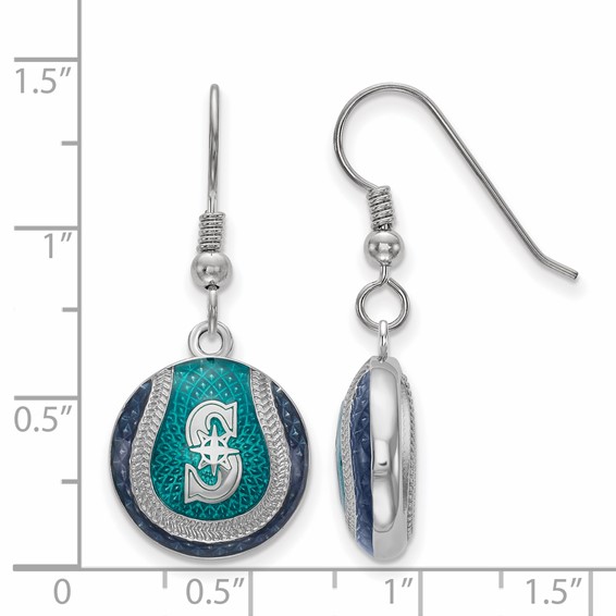 Sterling Silver Rhodium Plated Major League Baseball LogoArt Seattle Mariners Enamel Earrings