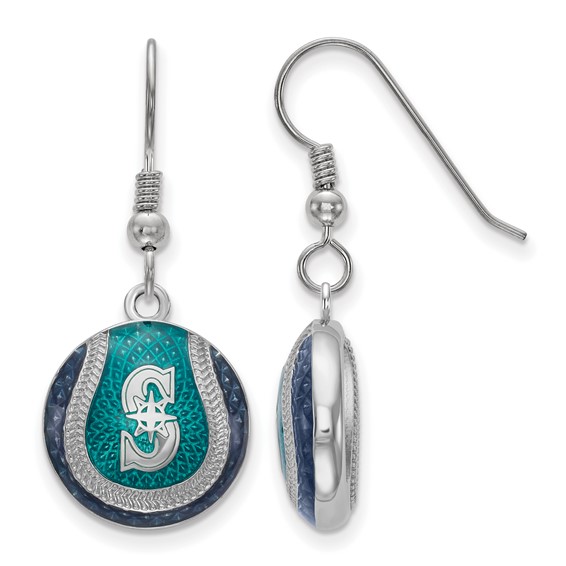 Sterling Silver Rhodium Plated Major League Baseball LogoArt Seattle Mariners Enamel Earrings