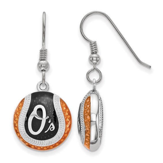 Sterling Silver Rhodium PlatedMajor League Baseball LogoArt Baltimore Orioles Enamel Earrings
