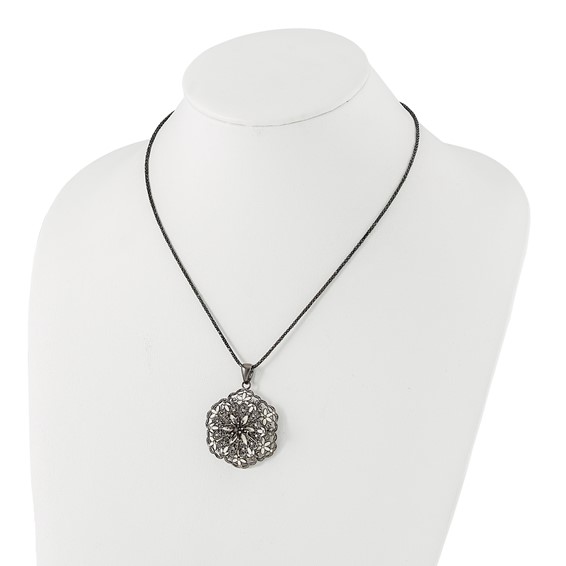 Sterling Silver Black-plated Polished Enameled Vintage Lace Flower Necklace