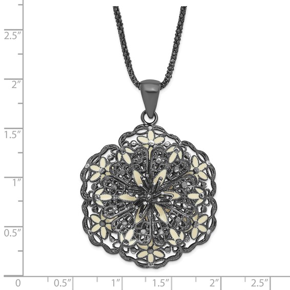 Sterling Silver Black-plated Polished Enameled Vintage Lace Flower Necklace
