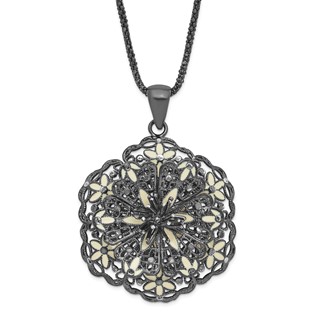 Sterling Silver Black-plated Polished Enameled Vintage Lace Flower Necklace