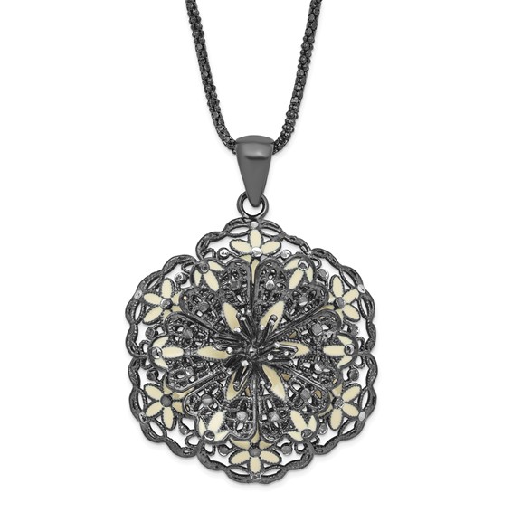 Sterling Silver Black-plated Polished Enameled Vintage Lace Flower Necklace