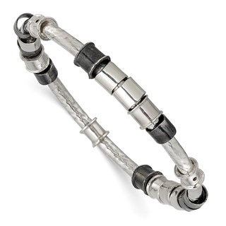 Sterling Silver Polished, Antiqued & Hammered Beaded Slip on Bangle