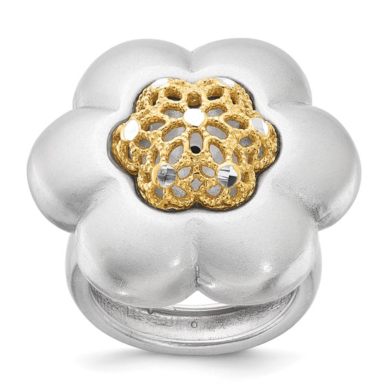 Sterling Silver Gold-tone Diamond-cut Flower Ring
