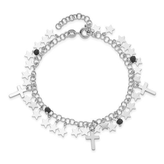 Sterling Silver Rhod-plated Black Crystal Cross and Star w/ 1.25in ext. Bra