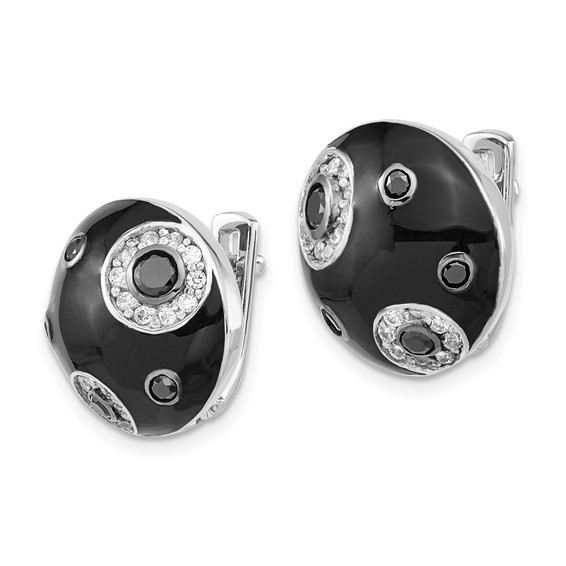 Sterling Silver Polished CZ Black Enameled Omega Back Earrings
