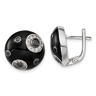 Sterling Silver Polished CZ Black Enameled Omega Back Earrings