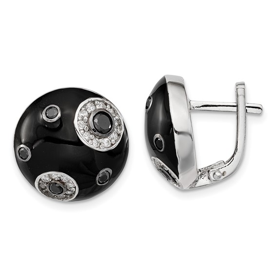 Sterling Silver Polished CZ Black Enameled Omega Back Earrings