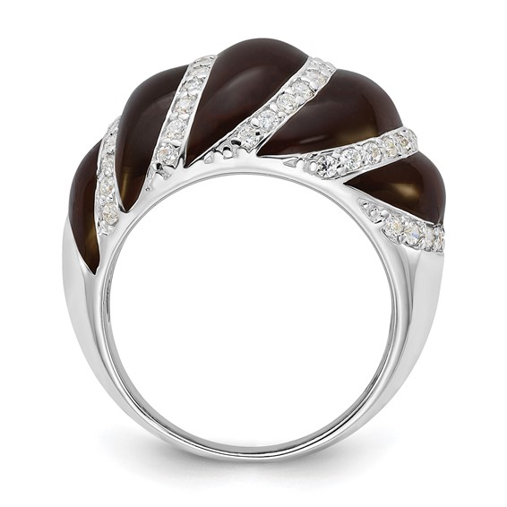 Sterling Silver Polished CZ & Brown Enamel Ring