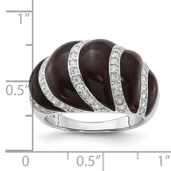 Sterling Silver Polished CZ & Brown Enamel Ring