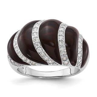 Sterling Silver Polished CZ & Brown Enamel Ring