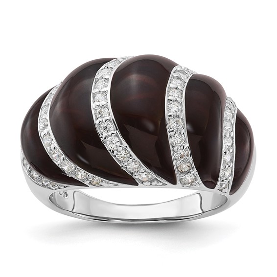 Sterling Silver Polished CZ & Brown Enamel Ring