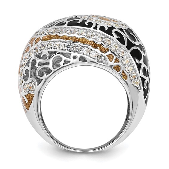 Sterling Silver Polished CZ w/ Black & Gold & Gray Enamel Filigree Ring