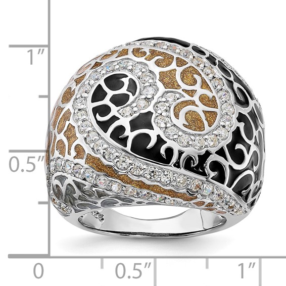 Sterling Silver Polished CZ w/ Black & Gold & Gray Enamel Filigree Ring