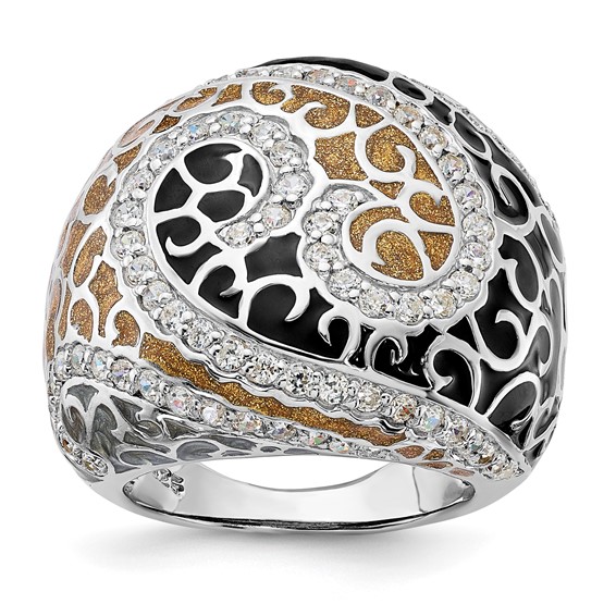 Sterling Silver Polished CZ w/ Black & Gold & Gray Enamel Filigree Ring