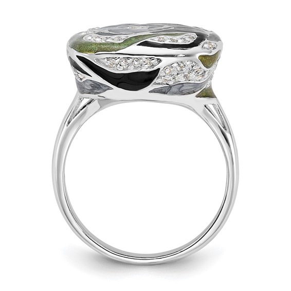 Sterling Silver Polished CZ with Green and Gray and Black Enamel Ring