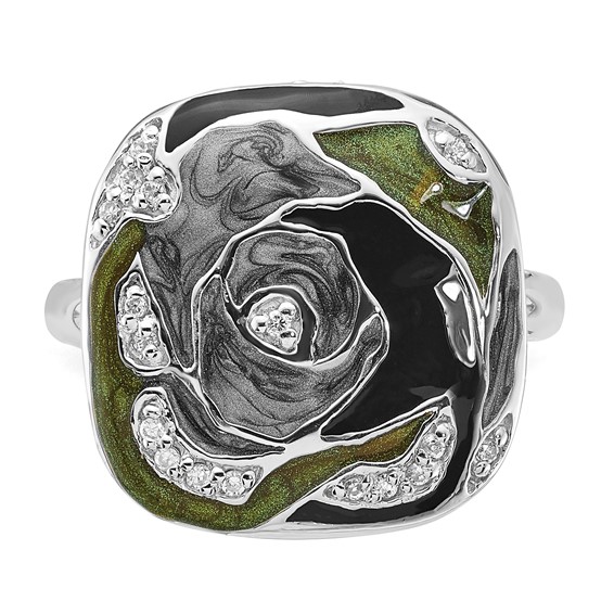 Sterling Silver Polished CZ with Green and Gray and Black Enamel Ring