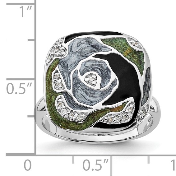 Sterling Silver Polished CZ with Green and Gray and Black Enamel Ring