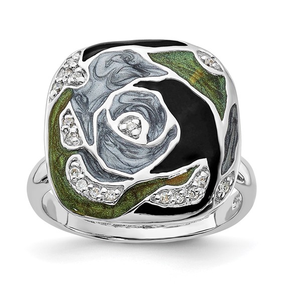 Sterling Silver Polished CZ with Green and Gray and Black Enamel Ring