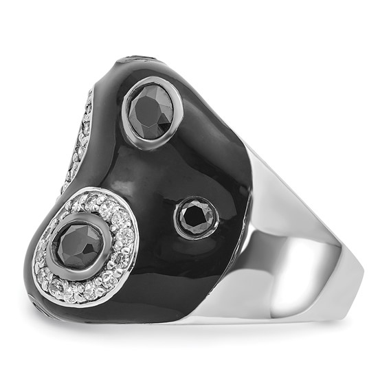 Sterling Silver Polished Black and White CZ with Black Enamel Ring