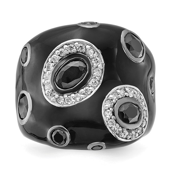 Sterling Silver Polished Black and White CZ with Black Enamel Ring