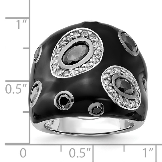 Sterling Silver Polished Black and White CZ with Black Enamel Ring