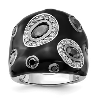 Sterling Silver Polished Black and White CZ with Black Enamel Ring