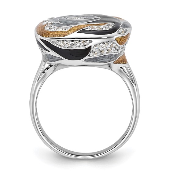 Sterling Silver Polished CZ with Black/Grey/Gold Enamel Ring