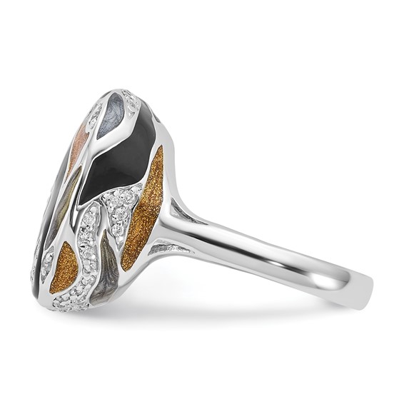 Sterling Silver Polished CZ with Black/Grey/Gold Enamel Ring