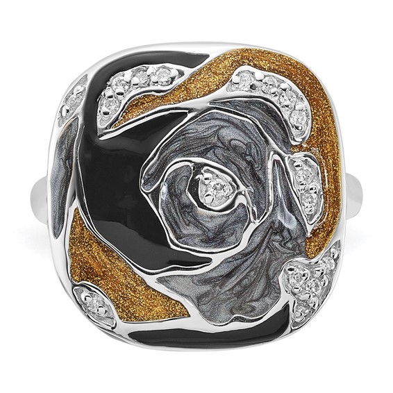 Sterling Silver Polished CZ with Black/Grey/Gold Enamel Ring