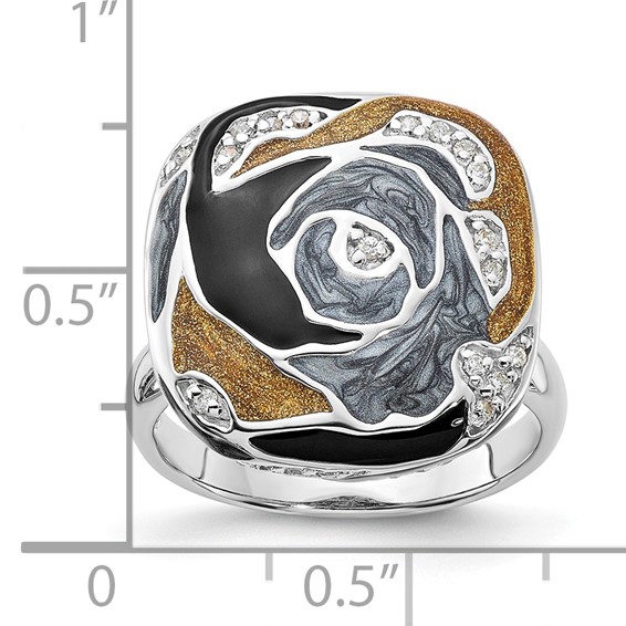 Sterling Silver Polished CZ with Black/Grey/Gold Enamel Ring