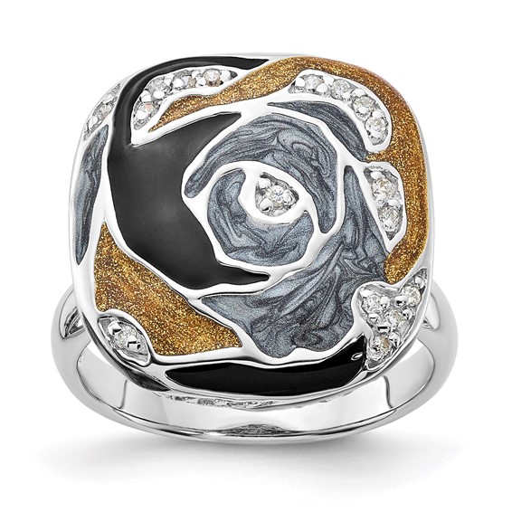 Sterling Silver Polished CZ with Black/Grey/Gold Enamel Ring