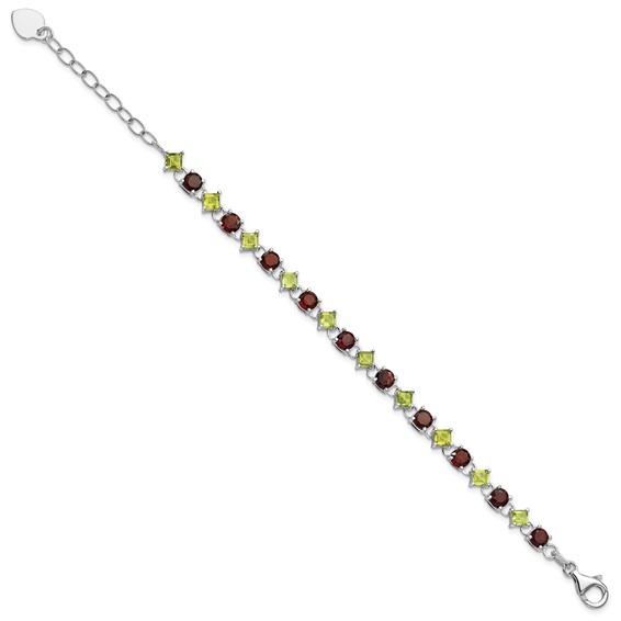 Sterling Silver Garnet & Peridot w/ 1" ext Bracelet