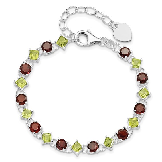Sterling Silver Garnet & Peridot w/ 1" ext Bracelet