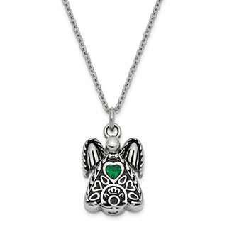 Sentimental Expressions Stainless Steel Green CZ May Birthstone Antiqued Angel Ash Holder 18 Inch Necklace
