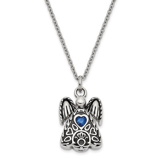 Sentimental Expressions Stainless Steel Dark Blue CZ September Birthstone Antiqued Angel Ash Holder 18 Inch Necklace