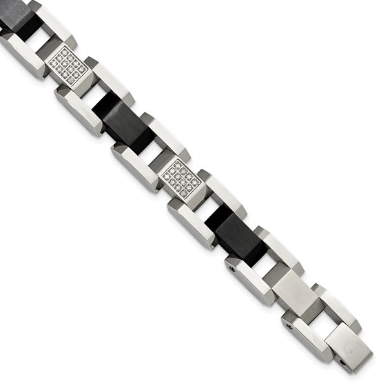 Steel Black Ion Plated Bracelet With White Diamond Links