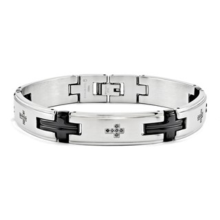 Stainless Steel & Black IP 12mm .325 TCW Black Diamond Cross 8.5in Bracelet