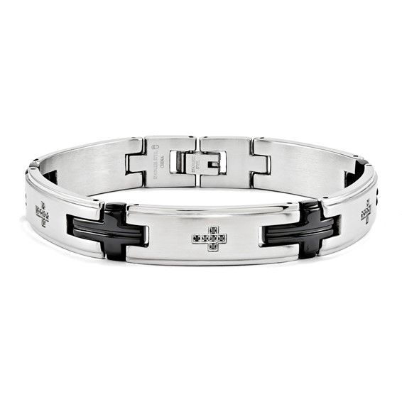 Stainless Steel & Black IP 12mm .325 TCW Black Diamond Cross 8.5in Bracelet