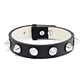 Stainless Steel & 15.5 mm Black Leather 8.5" Adj to 9" Spike Cuff Bracelet