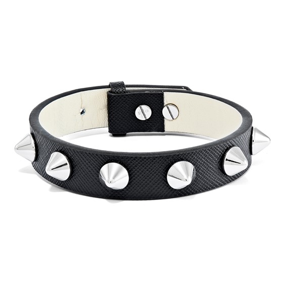 Stainless Steel & 15.5 mm Black Leather 8.5" Adj to 9" Spike Cuff Bracelet