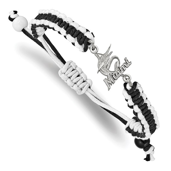 Stainless Steel Major League Baseball LogoArt Miami Marlins Adjustable Cord Bracelet