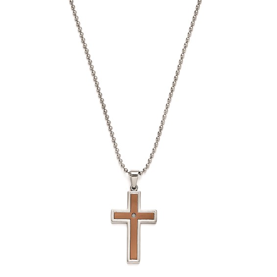 Stainless Steel & Brown IP Cross w/ 24" 2.4 mm Bead Chain