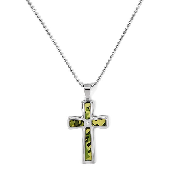 Stainless Steel .02 TCW Diamond Cross with 2.4 mm 24in Bead Chain