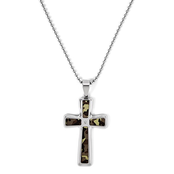 Steel and Diamond Camo Cross on 24in 2.4mm Bead Chain