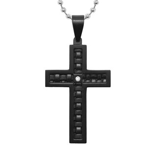 Stainless Steel Black Leather & Black IP .025 TCW Dia Cross Pendant on 2.